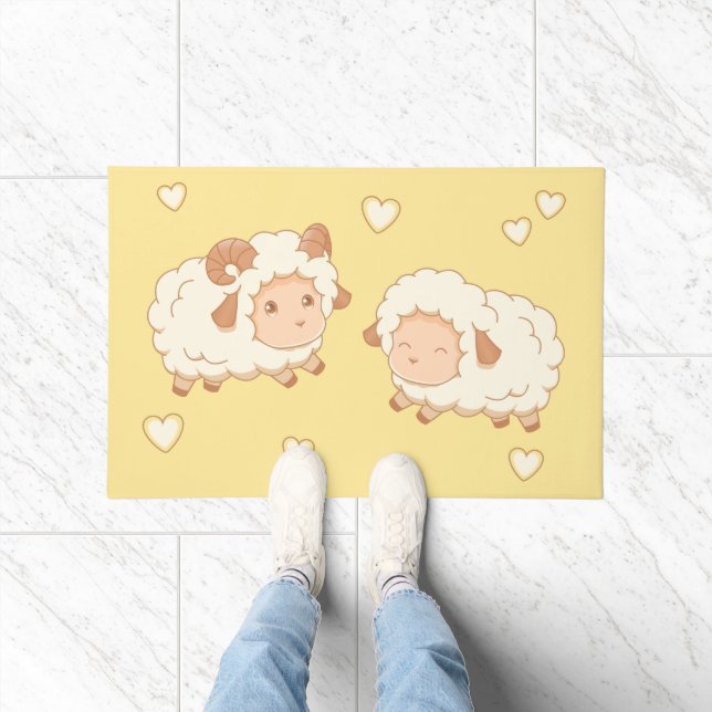 Paillasson Deux mignonnes Petites Ewe de bélier sur Jaune (Intérieur)