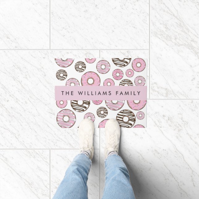 Paillasson Donuts Roses, Donuts Blancs, Sprinkings, Votre Nom (Intérieur)