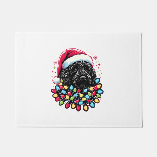 Paillasson Doodle noir Labradoodle Noël Arbre de Noël Lumière (Devant)