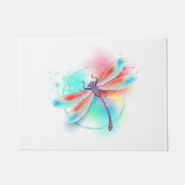 Paillasson Dragonfly rouge sur l'arrière - plan aquarelle (Devant)