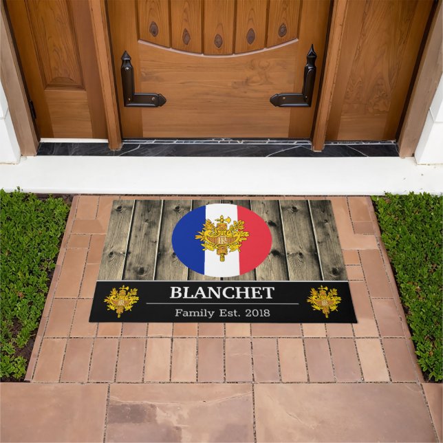 Paillasson Drapeau français et français Bois rustique / Famil (De plein air)