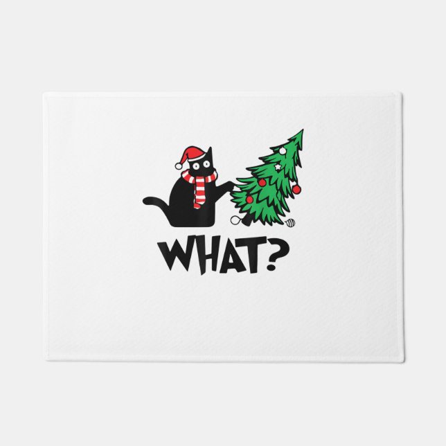 Paillasson Drôle cadeau de chat noir poussant l'arbre de Noël (Devant)
