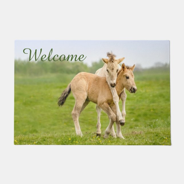 Paillasson Drôle Cheval Konik Sauvage Foals Jouer - Bienvenue (Devant)