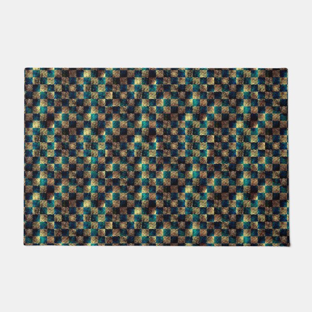 Paillasson Échecs sales et effet rayé, jaune et bleu (Devant)