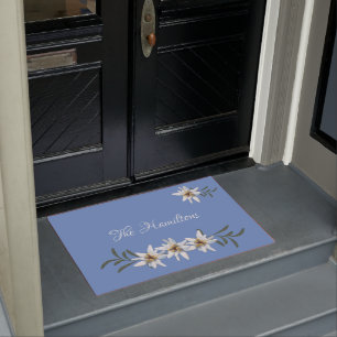 Paillasson Edelweiss Blanc Sur Porte Bleue
