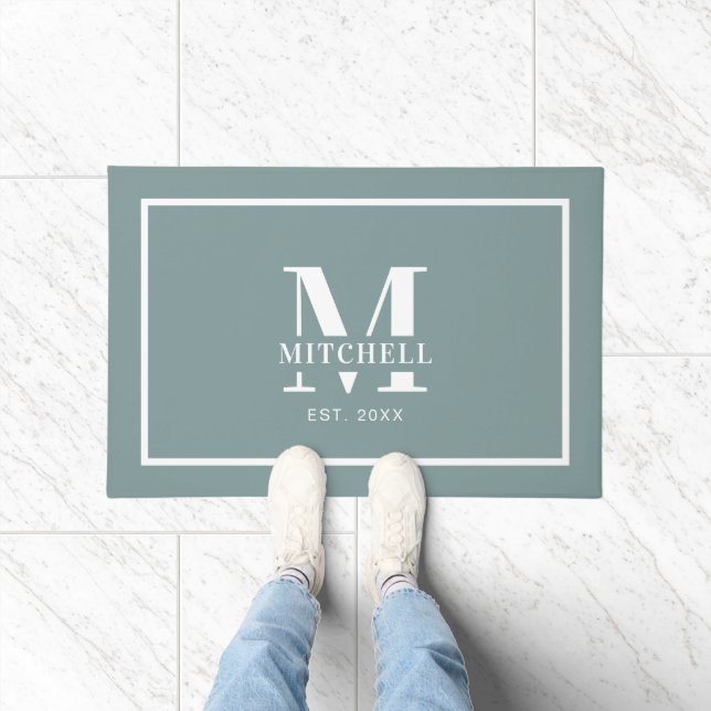 Paillasson Elegan Monogramme Sage Green Personnalisé Nom de f (Intérieur)