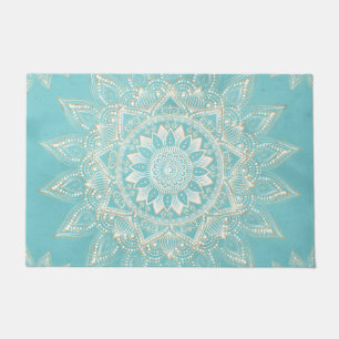 Paillasson Elégant Blanc Gold Mandala Sky Blue Design