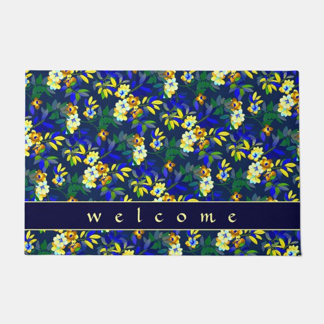 Paillasson Elégant bleu marine et jaune floral | Bienvenue (Devant)