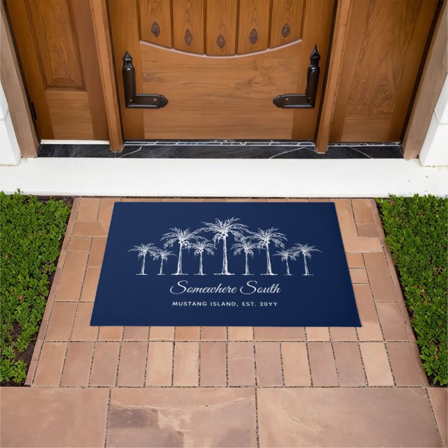 Paillasson Elegant Blue White Palm Trees Personalized (De plein air)