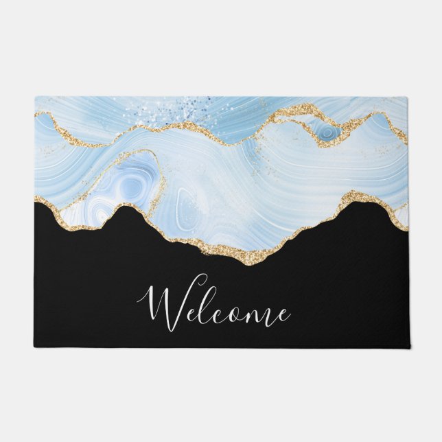 Paillasson Élégant Cool Bleu Agate avec ruban Parties scintil (Devant)