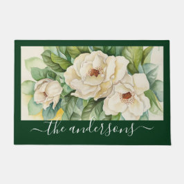 Paillasson Élégant floral vert Magnolia Fleurs Nom Script