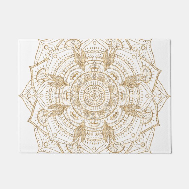 Paillasson Elégant Mandala Blanc & Or Dessiné À La Main (Devant)