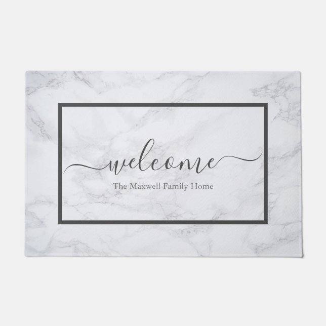 Paillasson Elégant marbre gris script nom de famille bienvenu (Devant)