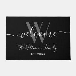 Paillasson Élégant Monogram Black Grey Nom Mariage de script