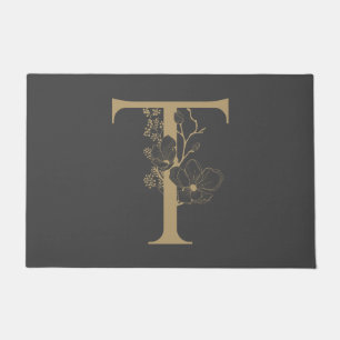 Paillasson Élégant Monogramme floral T Boho Gold gris initi