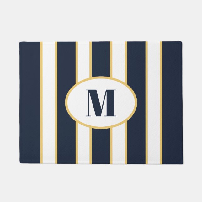 Paillasson Élégant Monogramme rayé bleu et blanc de la marine (Devant)