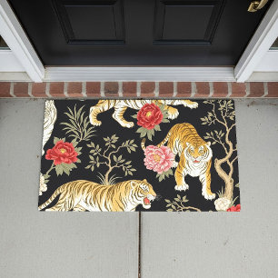 Paillasson Élégant motif de chinoiserie noir avec tigre et pi
