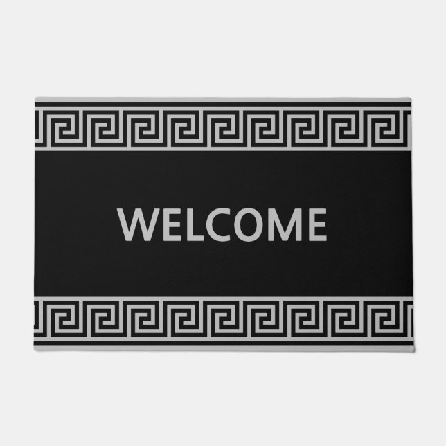 Paillasson Élégant Motif grec gris sur mat noir (Devant)