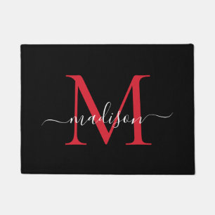 Paillasson Élégant Noir Bourgogne Personnalisé Monogramme Nom