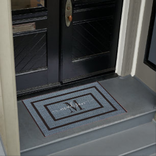 Paillasson Élégant noir et blanc nom monogramme porte mat