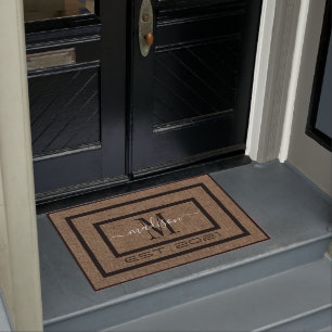 Paillasson Élégant noir et blanc nom monogramme porte mat