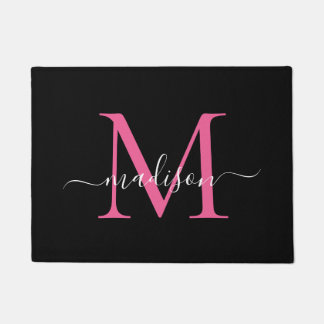 Paillasson Élégant Noir Hot Rose Personnalisé Monogramme Nom