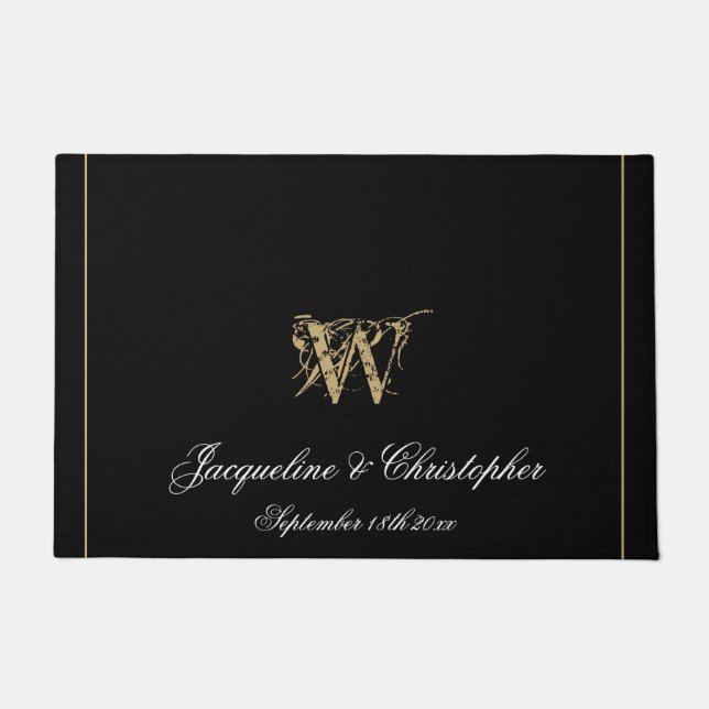 Paillasson Élégant Noir Noms de Monogramme Nouveaux mariés Ma (Devant)