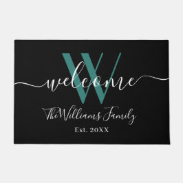 Paillasson Élégant noir Turquoise Monogramme Nom Mariage de s