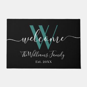 Paillasson Élégant noir Turquoise Monogramme Nom Mariage de s
