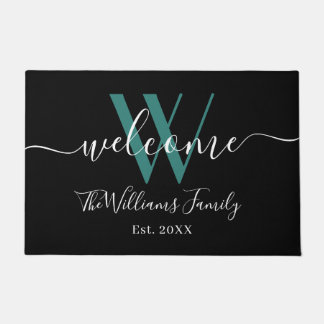Paillasson Élégant noir Turquoise Monogramme Nom Mariage de s