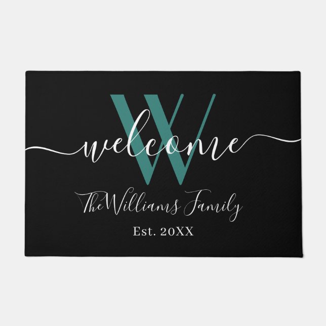 Paillasson Élégant noir Turquoise Monogramme Nom Mariage de s (Devant)