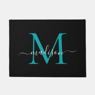Paillasson Élégant noir Turquoise Monogramme personnalisé Nom