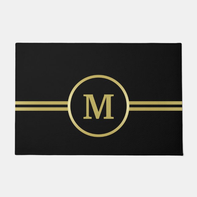 Paillasson Élégant or Monogramme personnalisé sur noir (Devant)