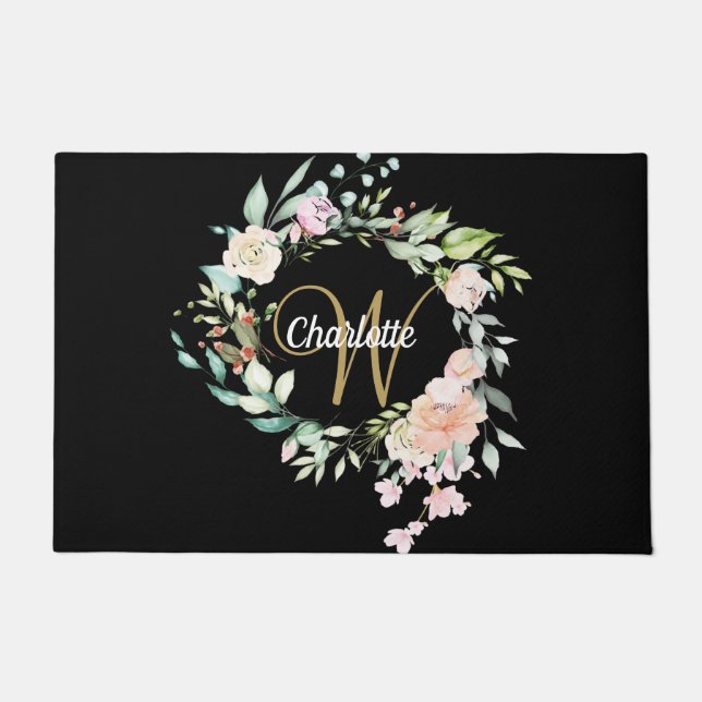 Paillasson Élégant Rose Floral Gold Script Monogramme noir (Devant)