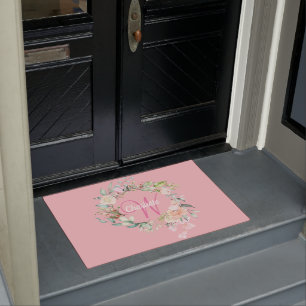 Paillasson Élégant Rose Floral Pink Script Monogramme