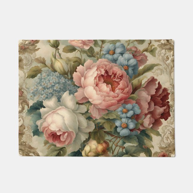 Paillasson Élégant Rose victorien, Fleurs de Jardin (Devant)