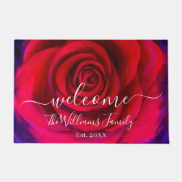 Paillasson Élégant Rouge Rose Nom Script Welcome Floral