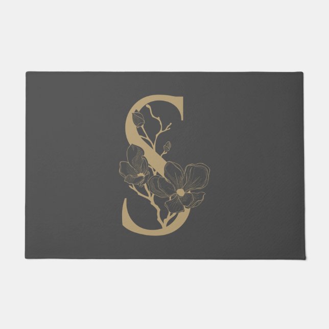 Paillasson Élégant S Boho Floral Monogramme initial Gris Or (Devant)