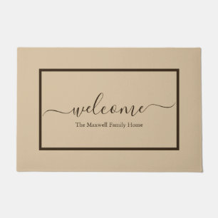 Paillasson Élégant script beige brun nom de famille bienvenue