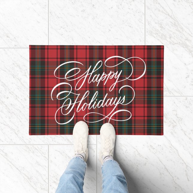 Paillasson Élégant Script Festive Red Tartan Joyeux vacances (Intérieur)