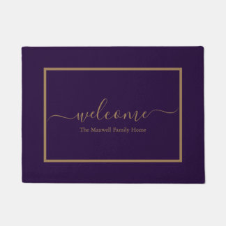 Paillasson Elégant script or violet nom de famille bienvenue