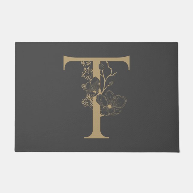 Paillasson Élégant T Boho Floral Monogramme initial Gris Or (Devant)