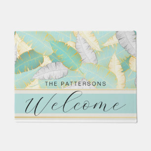 Paillasson Elégant Tropical Green Welcome Nom de famille