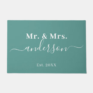 Paillasson Élégant Turquoise M. Et Mme Nom Mariage de script