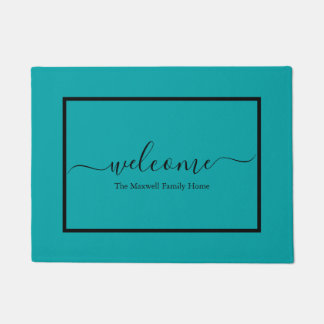 Paillasson Elégant turquoise script noir nom de famille bienv