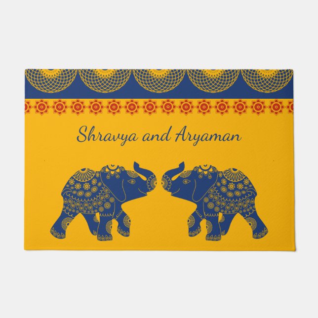 Paillasson Eléphants bijoux, Golde et Bleu Personnalisé (Devant)