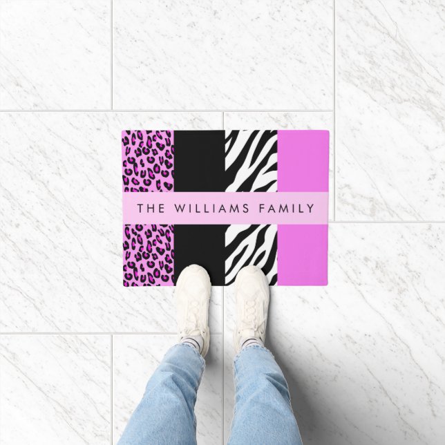 Paillasson Empreinte de léopard, Zebra Print, Rose, Votre nom (Intérieur)
