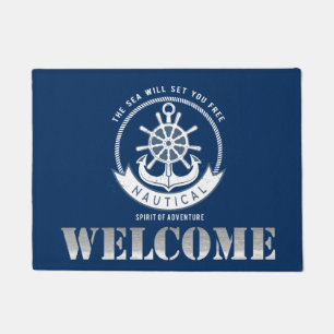 Paillasson Esprit nautique Ancre,Roue, Bleu marine Bienvenue