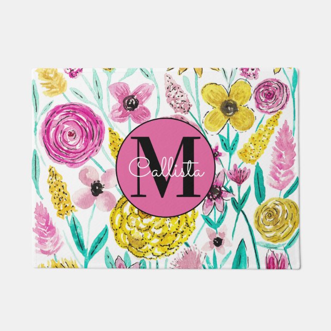 Paillasson Été rose Fleurs Jaunes Aquarelle Monogramme (Devant)