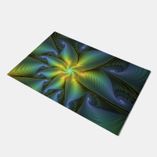Paillasson Etoile Abstraite, Bleu brillant Vert Or Fractal Ar
